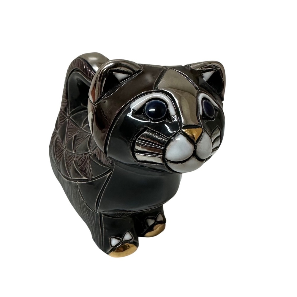 Artesania Rinconada Cat Figurine Hand Carved Ceramic Gold Platinum Uruguay